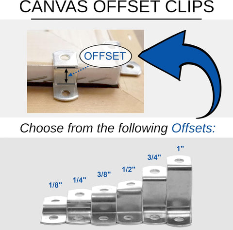 Canvas Clips 8-Pk: (1/2" Offset) or Choose Your Length; Mirror Picture Frame or Artwork Hanging Floater Framing; 8 Screws Included; Glass Panel Metal Retainer Clip