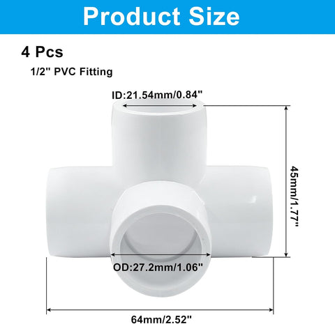Biaungdo 4 Pcs 1/2" PVC Pipe Fitting, 4 Way Elbow Pipe Connector Furniture Grade Corner Fittings PVC Elbow Fitting for DIY Shelf Garden Support PVC Structure（White）