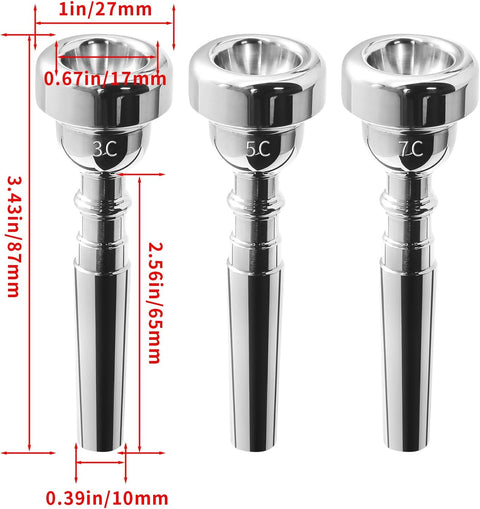 Biaungdo Trumpet Mouthpiece 7C 5C 3C, 3 Pcs Brass Material Silver Plated Trumpet Mouthpiece Set for Professional Players, Beginner