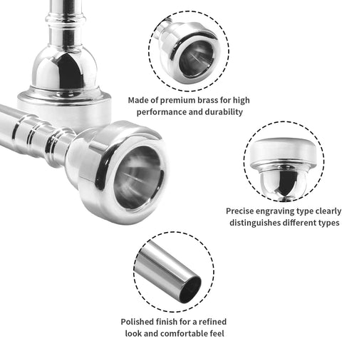 Biaungdo Trumpet Mouthpiece 7C 5C 3C, 3 Pcs Brass Material Silver Plated Trumpet Mouthpiece Set for Professional Players, Beginner