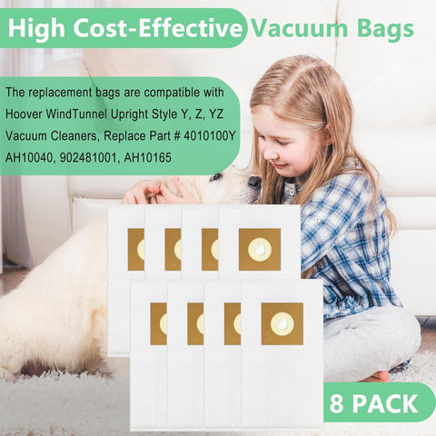 8 Pack Type Y Vacuum Bags or Hoover WindTunnel Upright Style Y, Z, YZ Vacuum Cleaners, Replace Part 4010100Y or Hoover Vacuum Bags Reill