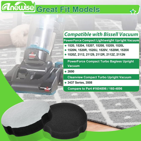 6 Pack ilter Replacement or Bissell Cleanview Compact Turbo 3508 3437 Powerorce Compact Lightweight Upright 2112 1520 or Bissel Turbo Bagless 2690 Vacuum, Parts #1604896/160-4896