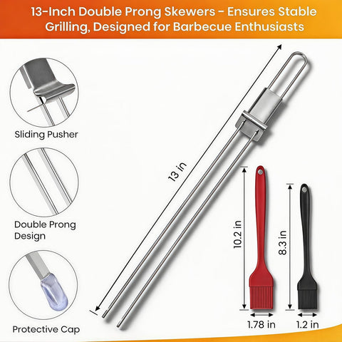 Kabob Skewers for Grilling, 10 Pack 13" Double Pronged with Push Bar, Stainless Steel BBQ Skewers with 2 Brushes, Reusable for Meat, Shrimp, Chicken, Veggie, Perfect for Camping & Family Use.
