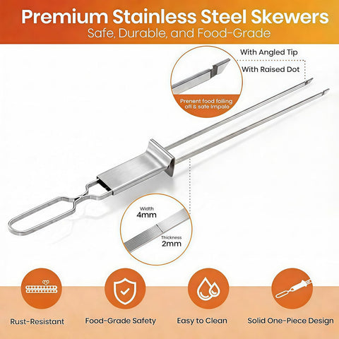 Kabob Skewers for Grilling, 10 Pack 13" Double Pronged with Push Bar, Stainless Steel BBQ Skewers with 2 Brushes, Reusable for Meat, Shrimp, Chicken, Veggie, Perfect for Camping & Family Use.