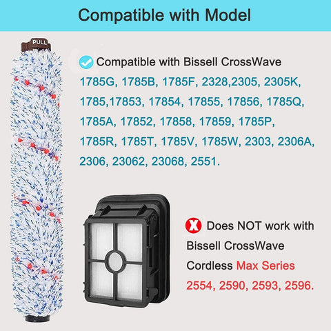 6 Pack Replacement Parts Compatible with Bissell CrossWave Vacuum Cleaner, 3 Pack Multi-Surace Brush Roll 1868 ,3 Pack Vacuum ilter 1866,Compare to Part 1608683, 160-8683, 1608684