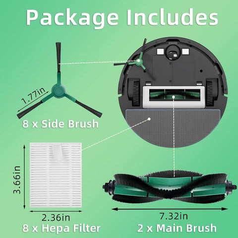 Accessories Kit Compatible with iRobot Roomba 104/105 Vac & Combo, Essential Q0120, Q0520, Y0110, Y0140, Q011 Robot Vacuum Replacement Parts,2 Main Brush, 8 Side Brush, 8 HEPA ilter (18 Pack)