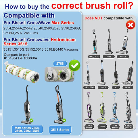3 Pack Multi-Surace Pet Brush Rolls 2788 and 3 Pack Vacuum ilters 1866 or Bissell CrossWave Max 2554 2590 2593 2596 or HydroSteam 35151 3515 35152 3513 3518 Vacuums, Part 1618641 & 1608684