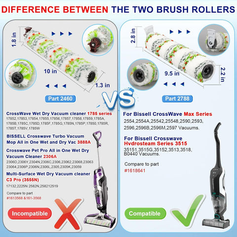 3 Pack Multi-Surace Pet Brush Rolls 2788 and 3 Pack Vacuum ilters 1866 or Bissell CrossWave Max 2554 2590 2593 2596 or HydroSteam 35151 3515 35152 3513 3518 Vacuums, Part 1618641 & 1608684