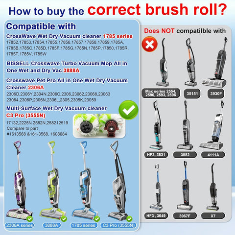 Brush ilter Replacement Parts or Bissell CrossWave Vacuum 3888A 1785 Pet Pro 2306A Cordless Wet Dry Vac, 3 Pack 2460 Multi-Surace Pet Brush Roll & 1866 Vacuum ilter, Part 1613568 1608684