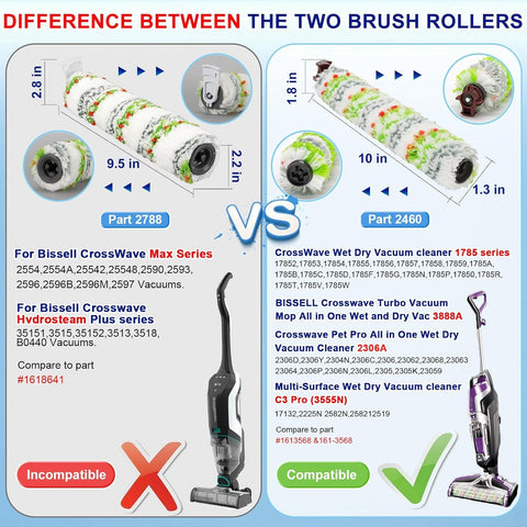 Brush ilter Replacement Parts or Bissell CrossWave Vacuum 3888A 1785 Pet Pro 2306A Cordless Wet Dry Vac, 3 Pack 2460 Multi-Surace Pet Brush Roll & 1866 Vacuum ilter, Part 1613568 1608684