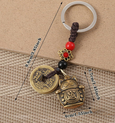 Lucky Cat Keychain, with Five Emperors Money Feng Shui Coins, Maneki Neko Good Luck Charms Lucky Tassel, Chinese Style Good Luck Charms