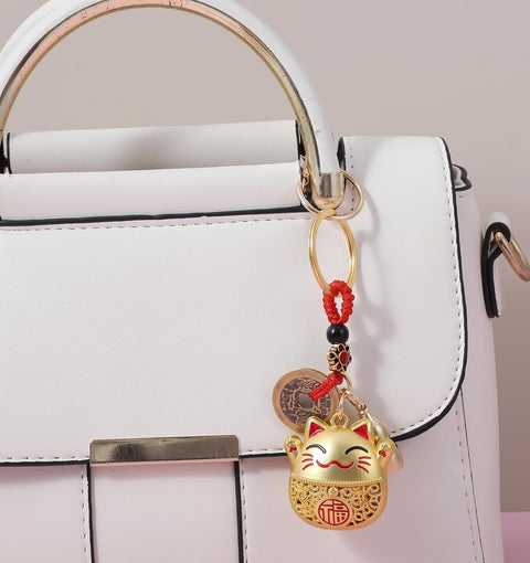 Lucky Cat Keychain, Good Luck Keychain with Feng Shui Coins, Tassel ＆ Gourd, Maneki Statue Charm for Good Luck, Gift for Cat Lovers