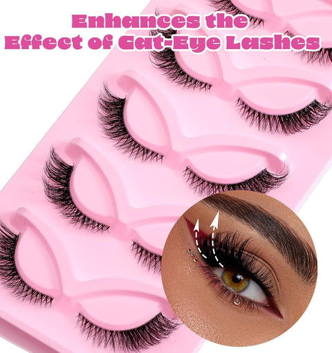 5 Pair Fox Eye Lashes, Fox-Eye Faux Mink Set Reusable Cat Eye Lashes, Wispy Lightweight Strips for Daily & Party Makeup Looks