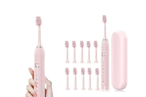 Electric Toothbrush with 10 Brush Heads and Travel Case Rechargeable Toothbrush Sets -Pink