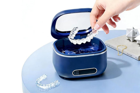 Ultrasonic Retainer Cleaner Machine 50kHz Ultrasonic Dentures Cleaner for Night Guards Braces Aligner Toothbrush Jewelry and More - Blue