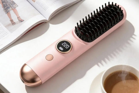 Cordless LCD Hair Straightening Brush 2-in-1 Portable Styling Tool for Travel - Pink