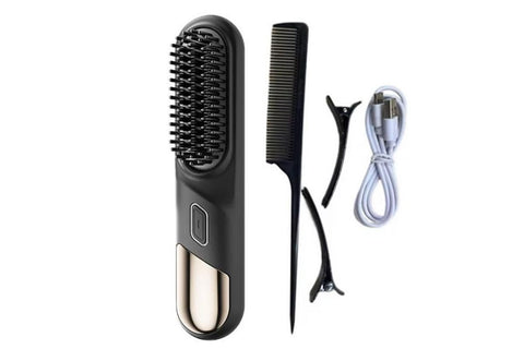 Portable Cordless Heated Straightening Brush for Travel Cordless Hair Straightener Brush Comb Straightener for Women -Black