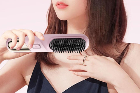 Portable Cordless Heated Straightening Brush for Travel Cordless Hair Straightener Brush Comb Straightener for Women -Pink