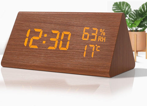 Wooden Digital Alarm Clocks for Bedrooms Electric Desk Clock with Large Numbers - Brown