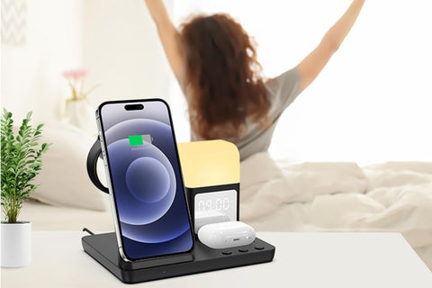 6 in 1 Charging Station with Alarm Clock Wireless Charger with Night Light for Smartphone/Watch/Earbuds Fast Charging Station