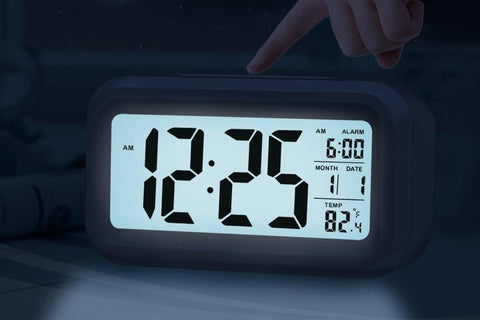 Desk Small Clock Night Light Digital Alarm Clock Battery Operated with Indoor Temperature -Black