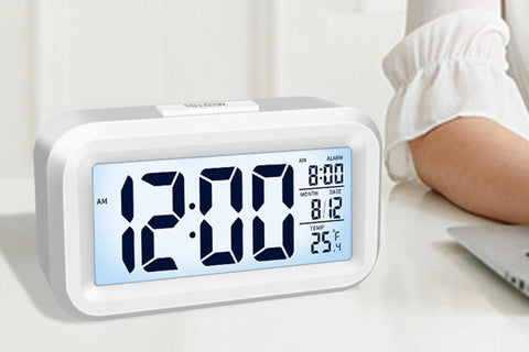 Desk Small Clock Night Light Digital Alarm Clock Battery Operated with Indoor Temperature -White