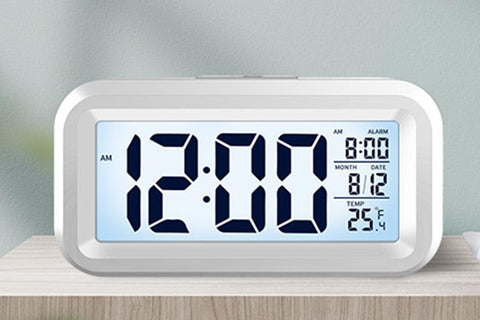 Desk Small Clock Night Light Digital Alarm Clock Battery Operated with Indoor Temperature -White