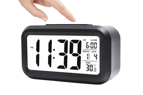 Desk Small Clock Night Light Digital Alarm Clock Battery Operated with Indoor Temperature -White