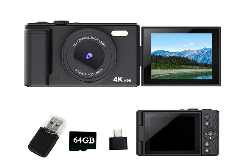 4K Digital Camera Flip Screen Autofocus for Vlogging and Photography Beginners - Black