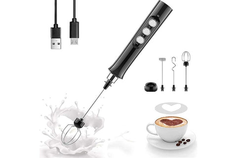 3 in 1 Handheld Electric Milk Frother USB Rechargeable Drink Coffee Mixer Foam Maker with 3 Whisks-Black