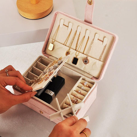Portable Jewelry Box Storage Organizer for Rings Necklaces & Earrings Pink