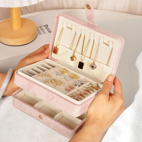 Portable Jewelry Box Storage Organizer for Rings Necklaces & Earrings Pink