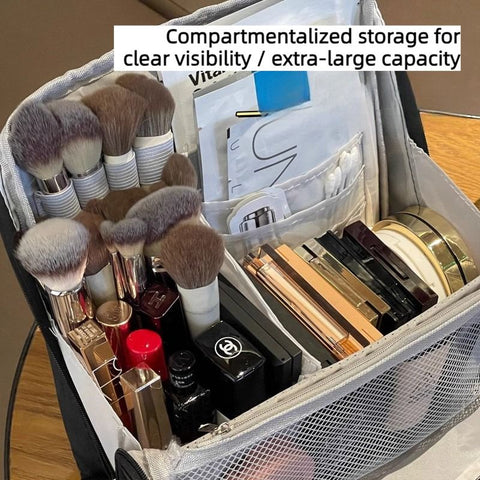 Portable Multi-Functional Toiletry Bag, Stand-Up Large-Capacity Storage Bag for Makeup Brushes, Cosmetics, and Toiletries, Jinbu Multi-Compartment Storage Bag - Black