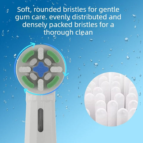 Replacement brush heads for rotary electric toothbrushes. Compatible with Oral-B's IO series (not genuine). High-density, rounded soft bristles. Pack of 4 (2 black, 2 white)