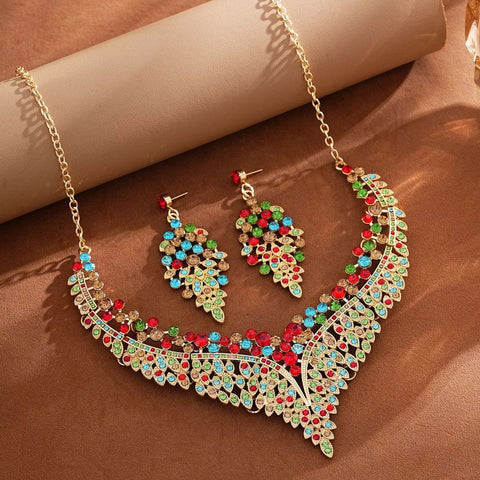 Affordable Luxury, Statement-Making Full-Diamond Necklace and Earring Set, Accessories for Banquets, Parties, and Weddings – Assorted Colors