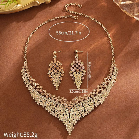 Affordable Luxury, Statement-Making Full-Diamond Necklace and Earring Set, Accessories for Banquets, Parties, and Weddings – Gold