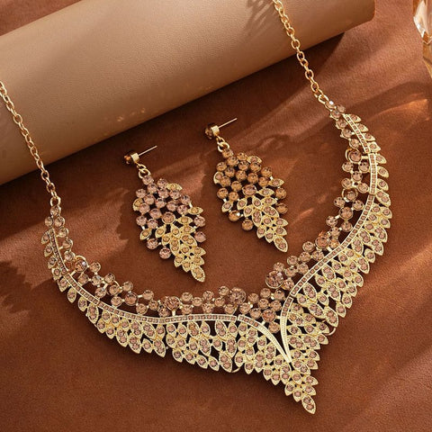 Affordable Luxury, Statement-Making Full-Diamond Necklace and Earring Set, Accessories for Banquets, Parties, and Weddings – Gold