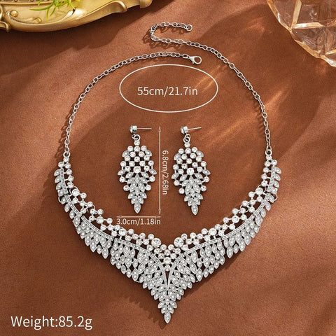 Affordable Luxury, Statement-Making Full-Diamond Necklace and Earring Set, Accessories for Banquets, Parties, and Weddings – Silver