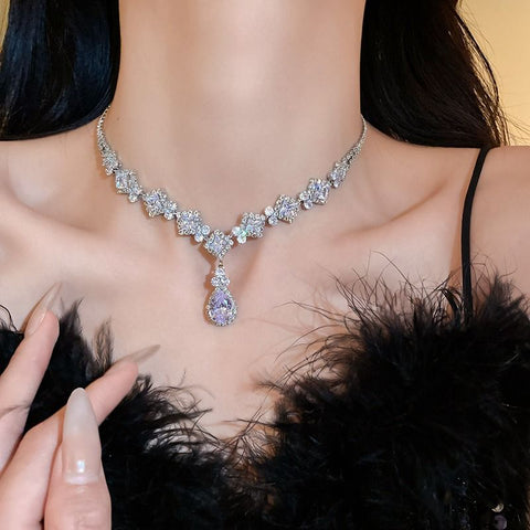 High-Brilliance Zircon Necklace and Earring Set, Evening, Wedding, and Party Jewelry for Women
