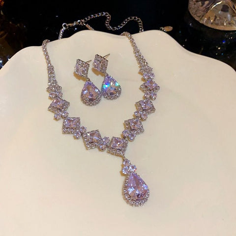 High-Brilliance Zircon Necklace and Earring Set, Evening, Wedding, and Party Jewelry for Women