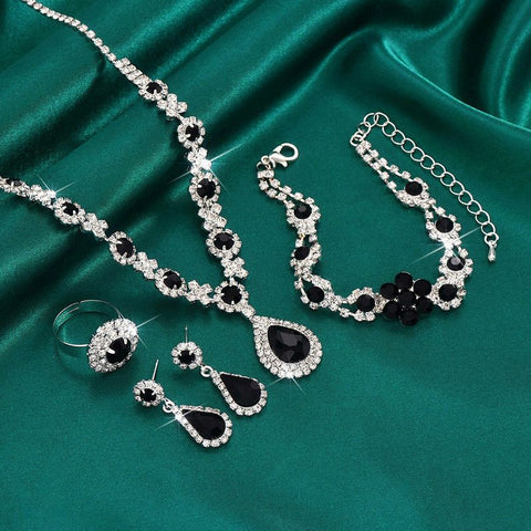 High-end Colored Gemstone Teardrop Jewelry 4-Piece Set, Women's Accessory Set, Wedding and Evening Accessories - Black