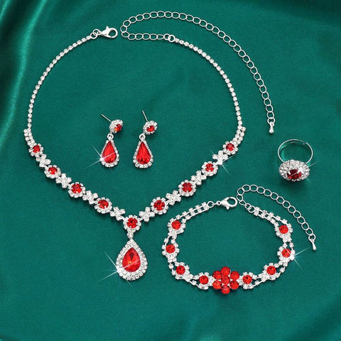 High-end Colored Gemstone Teardrop Jewelry 4-Piece Set, Women's Accessory Set, Wedding and Evening Accessories - Red
