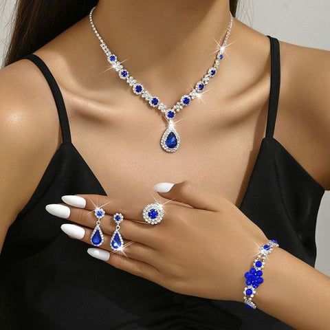 Luxury Colored Gemstone Teardrop Jewelry 4-Piece Set, Women's Accessory Set, Wedding and Evening Accessories - Blue