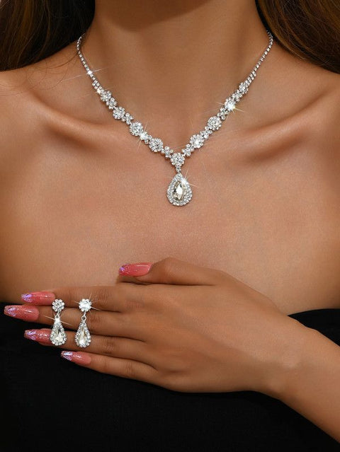 High-end Colored Gemstone Teardrop Jewelry 4-Piece Set, Women's Accessory Set, Wedding and Evening Accessories - Silver