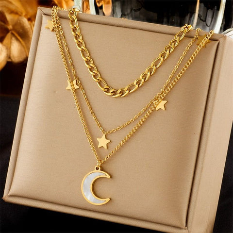 Three-tier layered star-and-moon mother-of-pearl and titanium steel necklace with an 18K gold-plated clasp
