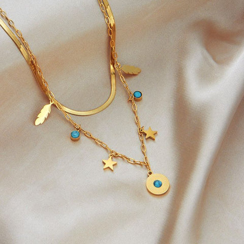 Bohemian-Style Double-Layer Layered Necklace: Gold-Plated Titanium Steel Collar Necklace—Unique Vintage Jewelry for Women
