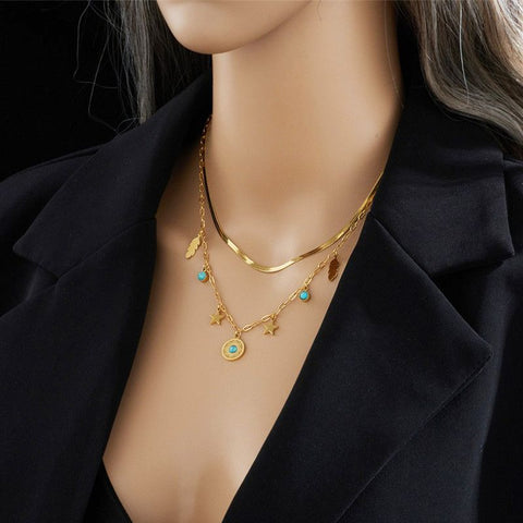 Bohemian-Style Double-Layer Layered Necklace: Gold-Plated Titanium Steel Collar Necklace—Unique Vintage Jewelry for Women
