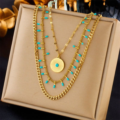 Bohemian-Style Three-Tier Turquoise Necklace with 18K Gold-Plated Titanium Collar Chain