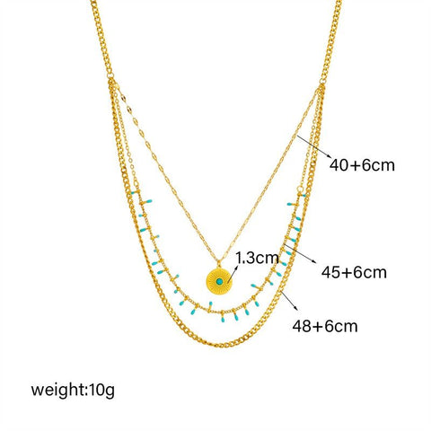 Bohemian-Style Three-Tier Turquoise Necklace with 18K Gold-Plated Titanium Collar Chain