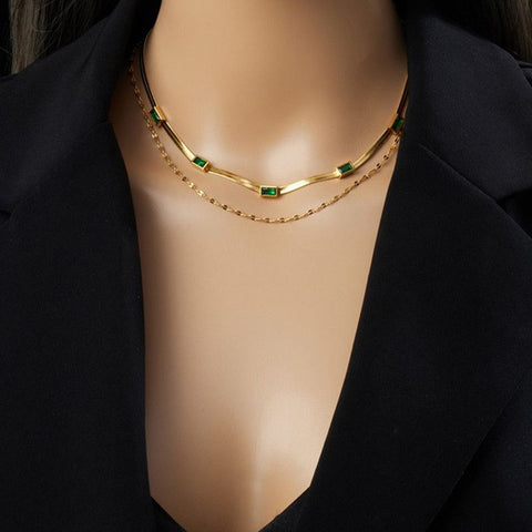 Zirconia Blade Chain Double-Layer Necklace, Gold-Plated Titanium Steel Women's Vintage-Style Luxury Necklace - Clear